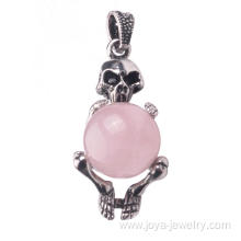 Natural Rose Quartz Silver Skull Pendant Necklace